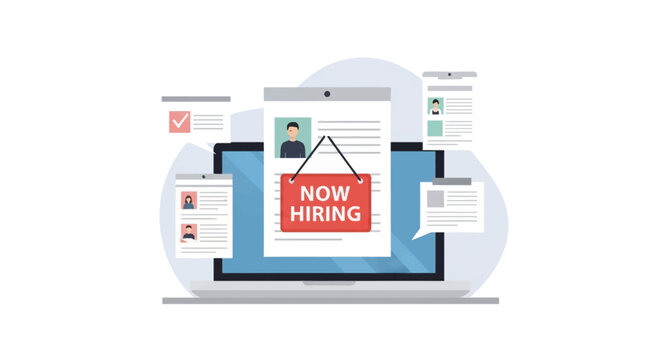 Flat vector illustration of a laptop computer with a red now hiring sign and multiple digital resumes and job application forms, depicting recruitment and online hiring process.
