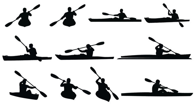 Vector set of black silhouettes of a man paddling a kayak from various angles and perspectives, including front, side, and rear views, isolated on a clean white background.