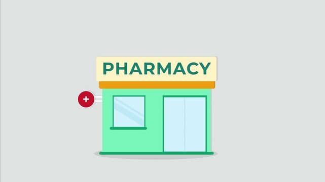 Modern pharmacy building with glass doors.  Healthcare concept