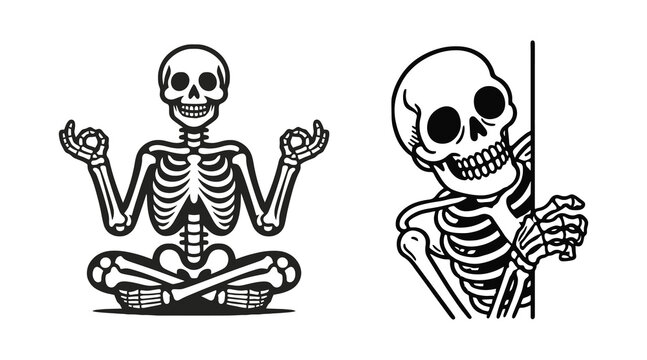 Two skeleton illustrations in meditative and dancing poses