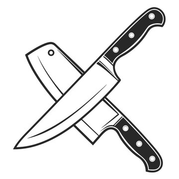 Graphic illustration of two crossed chef knives in outline style with black and white