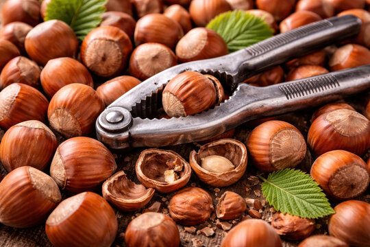 Fresh hazelnuts with a metal nutcracker on a rustic wooden surface. 