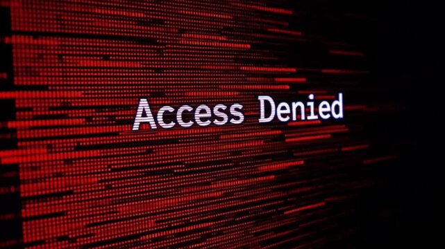 Close-Up of Red &ldquo;Access Denied&rdquo; Computer Message with Glitch Effect, Cybersecurity Error Screen Displaying Unauthorized Access Warning in Futuristic Digital Interface and Hacking Concept