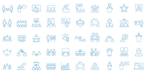 Obraz premium Meeting thin line icons set. Business meeting, seminar, conference, interview icon. Editable stroke. Business teamwork and leadership line icon set, management communication strategy collaboration. 
