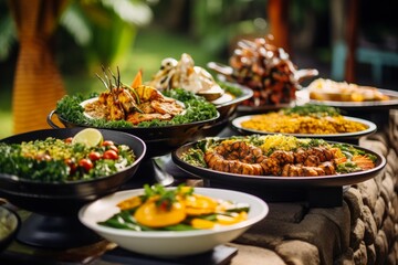 Fototapeta premium Extensive buffet offering a selection of cooked seafood, vibrant salads, and rice for a festive event