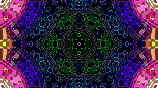 Symmetrical kaleidoscope motif with blue diamond shapes forming a glowing geometric pattern on a black background.	