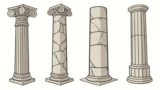 Set of classical architectural stone columns and ancient greek pillars vector illustration collection
