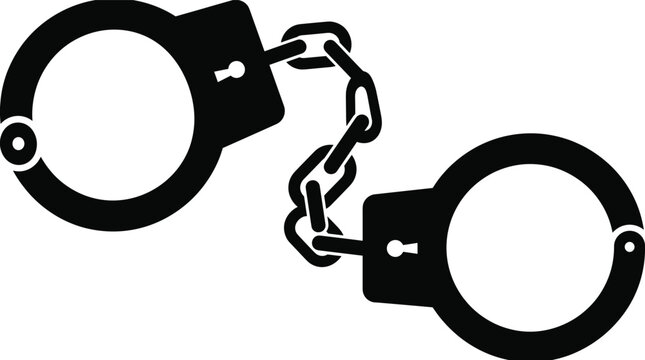 Black handcuffs silhouette icon for law enforcement and justice concept, metal shackles vector illustration isolated on white background,