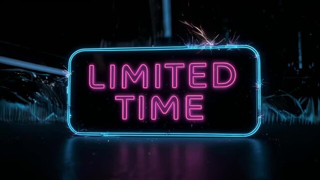 Neon limited time offer glowing sign with sparks and reflections sale