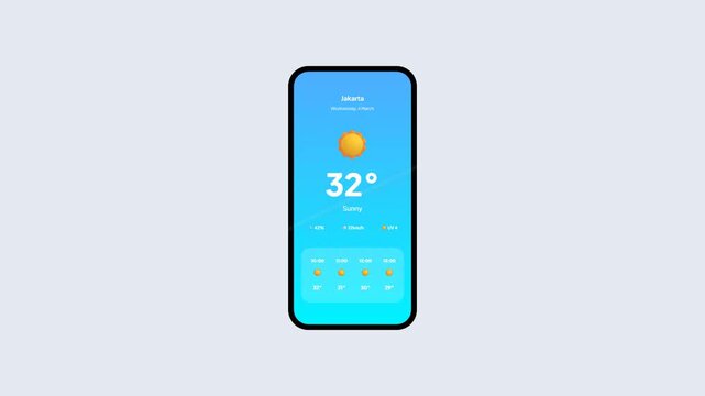 Modern Weather Forecast Mobile App Interface with Animated Sunny Day Icons and Temperature Data