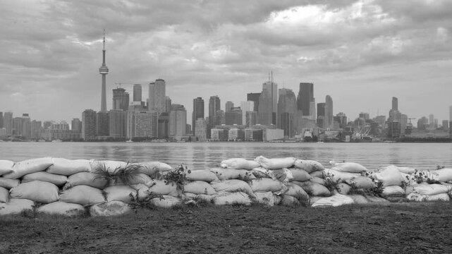 TORONTO, CANADA on Sep 13th: Sandbags on Toronto islands on Sep 13th, 2017. The Toronto islands were reopened to the public on Monday, July 31, after a nearly three month closure due to flooding. 4K 