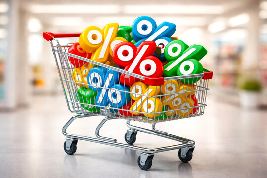 Einkaufswagen gef&uuml;llt mit bunten Prozentzeichen in einem unscharfen Supermarkt-Hintergrund. Symbolisiert Rabatte, Sonderangebote und preisbewusstes Einkaufen im Einzelhandel.