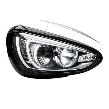 A detailed close-up of a modern car headlight featuring advanced LED lighting and projector technology against a striking dark background.