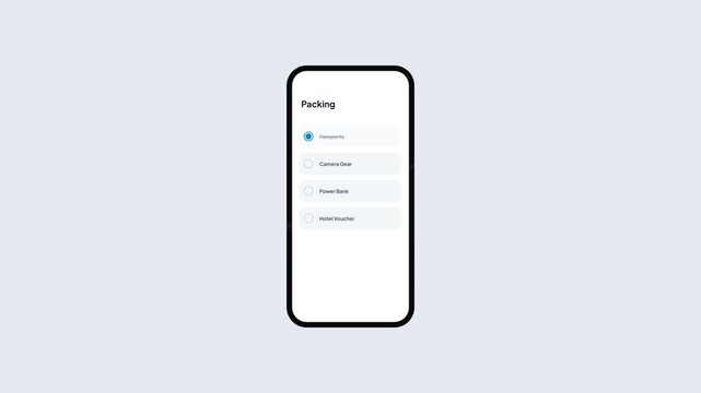 Smartphone animation showing travel packing checklist being completed on blue interface