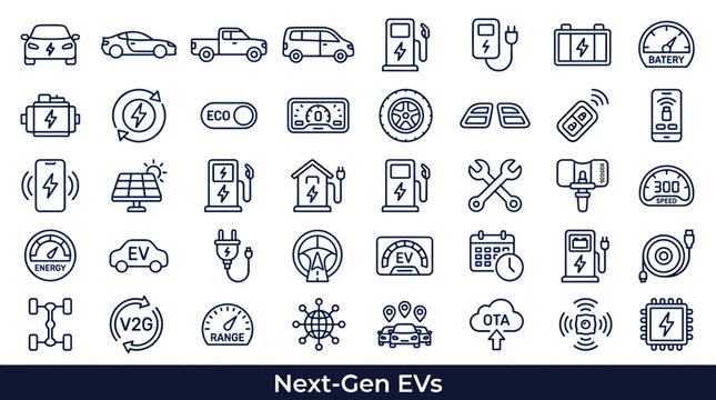 Collection of electric vehicle icons representing charging, battery, and technology