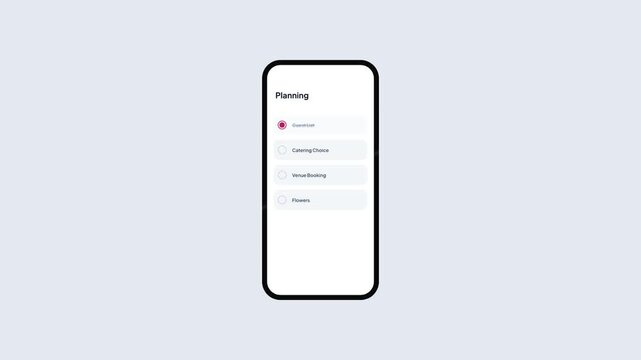 Smartphone animation showing event planning checklist being completed with pink accents