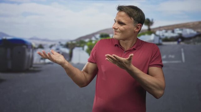 Man with palms up gesture showing hands on street in red polo, facing sideways and speaking to empty space; contemplation.