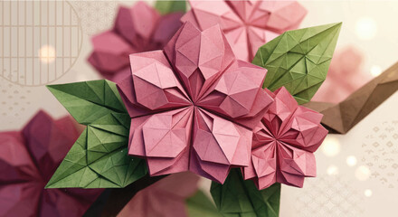 Close-Up Origami Sakura Flower Background, Close-Up Vector Illustration of Pink Origami Cherry Blossoms and Green Leaves for Spring Design (伝統的な和柄を背景にした、立体的な折り紙の桜の花と緑の葉の美しいベクターイラスト。春のデザインに最適。) © Mr. Akash