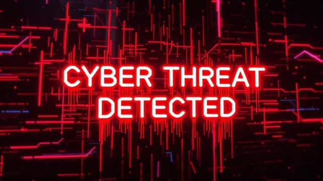 Red Neon Cyber Threat Warning Message with Glitch Effect on Dark Background, Futuristic Security Alert Display Showing Digital Danger, Hacking Risk and System Breach in High-Tech Interface Style