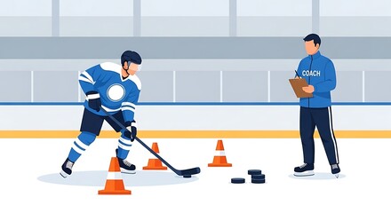 Fototapeta premium A hockey player practices with cones while a coach observes and takes notes on the ice rink