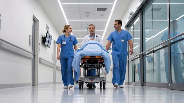 emergency team escorting patient on gurney down hospital corridor