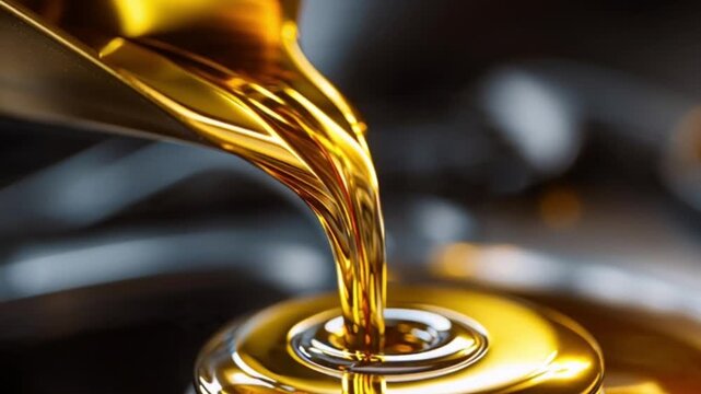 Close-Up of Golden Engine Oil Pouring from Metal Component, Automotive Maintenance and Vehicle Repair Service Concept, Lubrication Flow Highlighting Car Engine Care, Performance and Mechanical