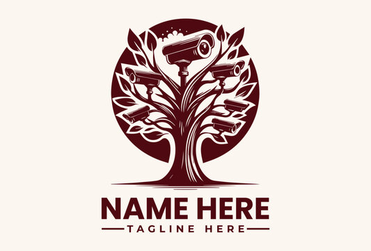 A maroon-colored logo featuring a stylized tree with a security camera as part of its design, set against a light beige background with space for a company name and tagline.