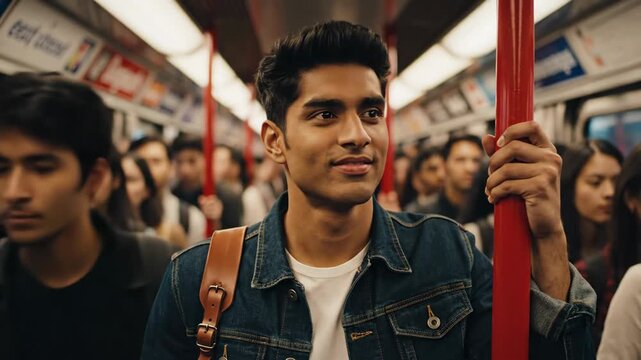 smiling indian man standing in subway train holding red handrail. young male commuter with backpack traveling in city metro. urban public transport lifestyle.