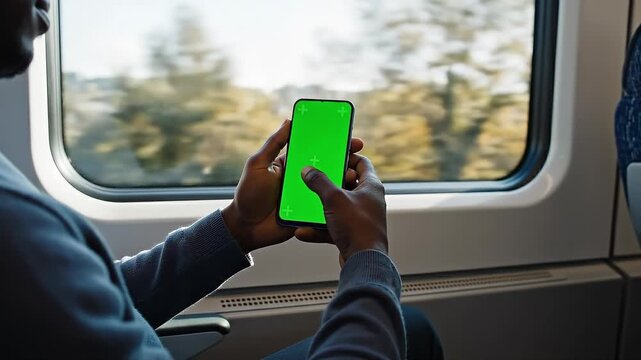 Iphone Mockup, man in blue sweatshirt holding phone with green screen commuting on a train, window view of foliage, vehicle interior, advertising