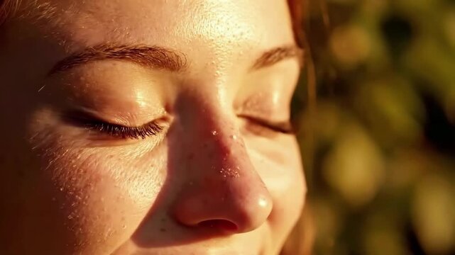 Close up view of beautiful female eyes with sunset reflection, detailed shot of gorgeous woman face during golden hour, natural beauty closing eyelids while warm sun rays reflecting in her pupils