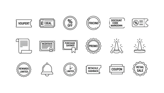 Deal voucher coupon, percent off circle, pricing markdown ticket, online discount code box, incentive certificate scroll, purchase