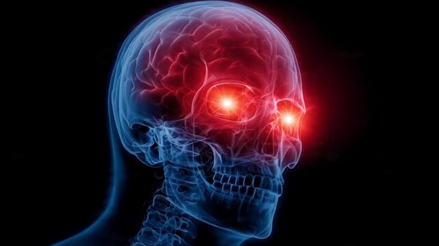 3D Medical Illustration of Human Skull with Glowing Red Eyes and Temples, Depicting Severe Headache or Migraine Pain, Intense Cranial Pressure Visualized in Detailed Anatomical Rendering