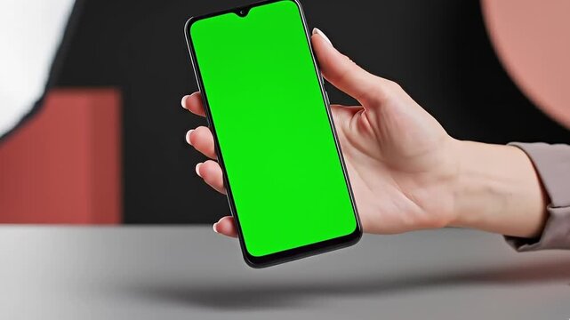 Iphone Mockup, Hand-held smartphone with green screen showcased in a studio product photo, soft lighting highlights the wrist and minimalistic view
