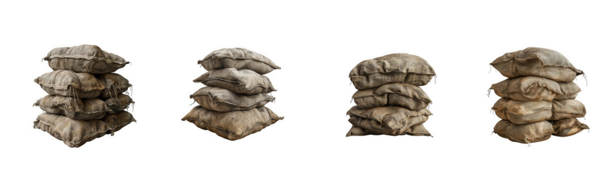 Stacked protective burlap sandbags for industrial flood defense and site isolated on transparent background