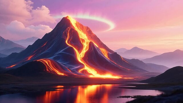 Molten lava flows down majestic snow-capped mountain