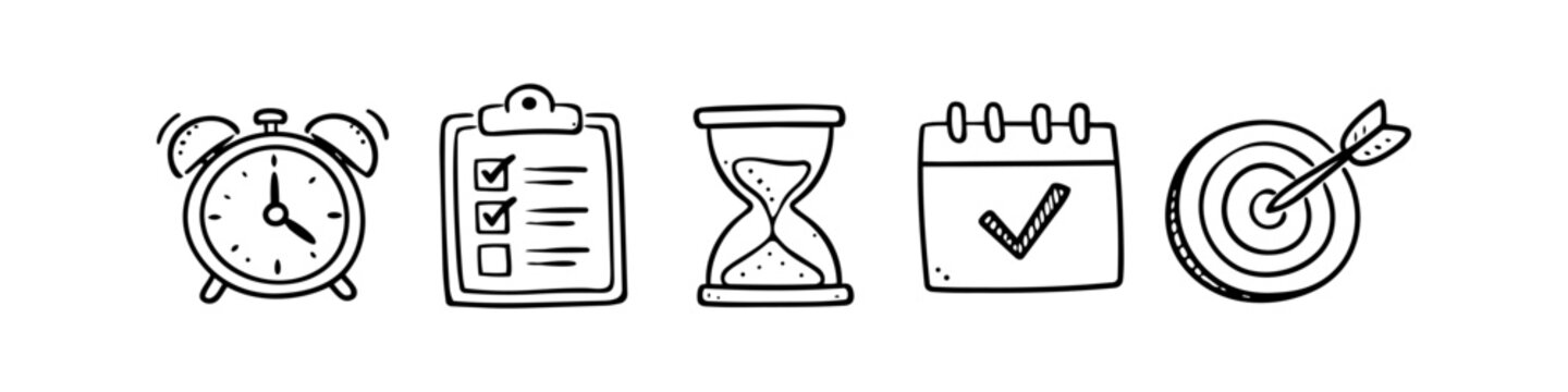 Hand-drawn doodle set of time management and productivity icons: alarm clock, checklist, hourglass, calendar, and target. Black line art icons for business planning and organization.