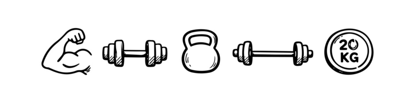 Collection of hand-drawn gym and fitness icons including a flexing bicep, dumbbell, kettlebell, barbell, and 20kg weight plate. Sketch style black and white vector illustration.