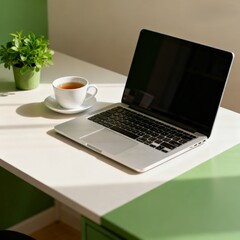 Fototapeta premium laptop tea and green plant