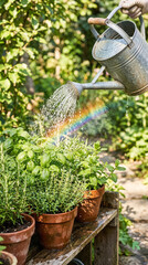 Fototapeta premium Watering potted plants outdoors with a rainbow in the garden.generative AI