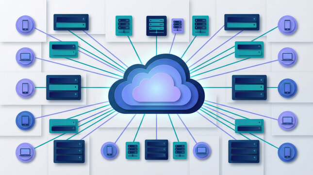Cloud computing system concept, geometric structured composition with a large central cloud built from smooth rounded shapes,