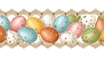 Elegant Artistic Easter Themed Banner with Ornate Multicolored Eggs and a Harmonious Egg Frame Border on a Spacious White Background