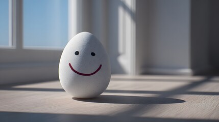 Delightful April Fool's Day Visual Narrative Featuring a Smiling Painted Egg in a Sunlit Minimalist Spring Setting with Whimsical Pranks and Vivid Artistic Design