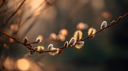 Enchanting Willow Branch with Soft Catkins in a Mystical Forest at Sunset Radiating the Subtle Symbolism of Easter