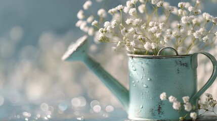 Vintage watering can highlighted with delicate gypsophila blooms and ample text space in a serene spring backdrop