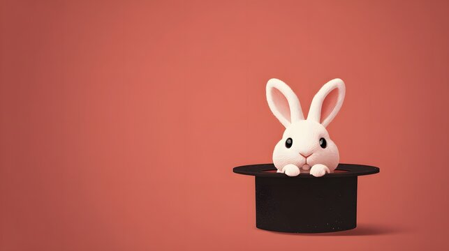 Adorable Bunny Appearing from Beneath a Traditional Magician's Hat on a Uniform Flat Backdrop with Ample Copy Space for Festive Mischief