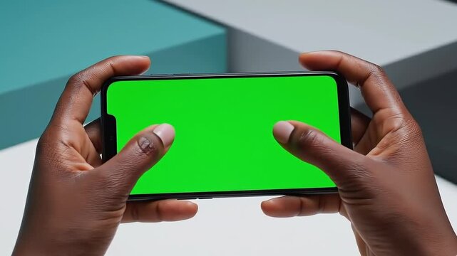 Iphone Mockup, Darkskin Hands Holding a Smartphone with Green Screen Against a Geometric Background - Professional Closeup of Phone and Thumbs