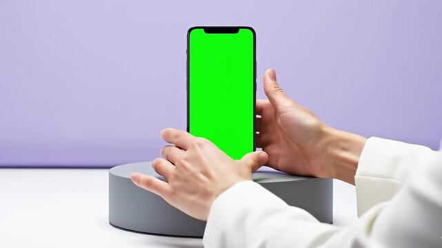 Iphone Mockup, Hands interacting with an iPhone Mockup smartphone on a gray stand, green screen, minimalist purple background, soft lighting, close‑up view