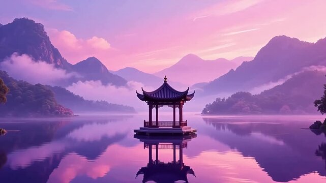 Classical chinese pavilion on serene lake