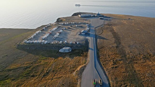 Aerial view of the North Cape visitor complex on the plateau of Mager&oslash;ya Island, Norway. The famous Arctic destination sits beside dramatic sea cliffs above the Barents Sea.