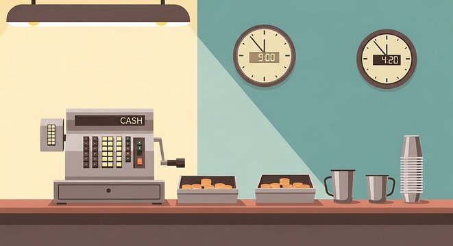 A retro diner counter scene with a cash register, clocks, food, and cups